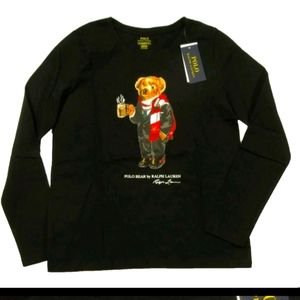 Polo Ralph Lauren Girls Black Cocoa Polo Bear Graphic Long Sleeve T-Shirt